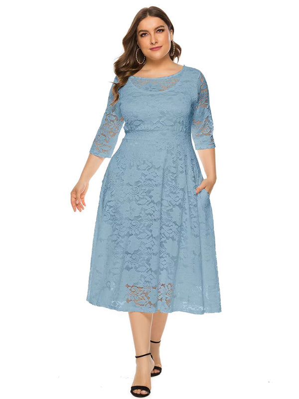 Elegant Lace Round Neck Midi Dress