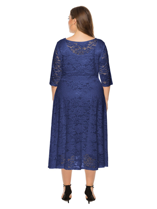Elegant Lace Round Neck Midi Dress
