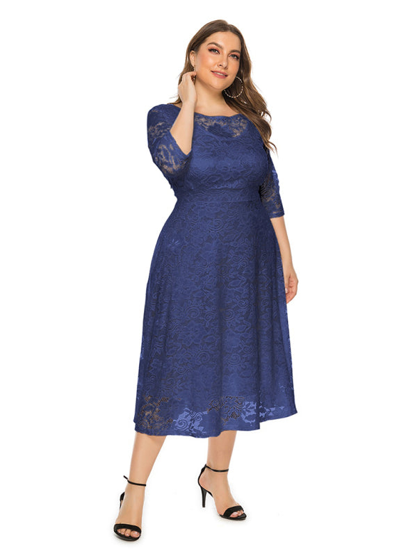 Elegant Lace Round Neck Midi Dress