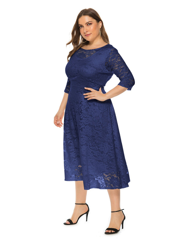 Elegant Lace Round Neck Midi Dress