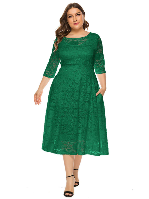 Elegant Lace Round Neck Midi Dress