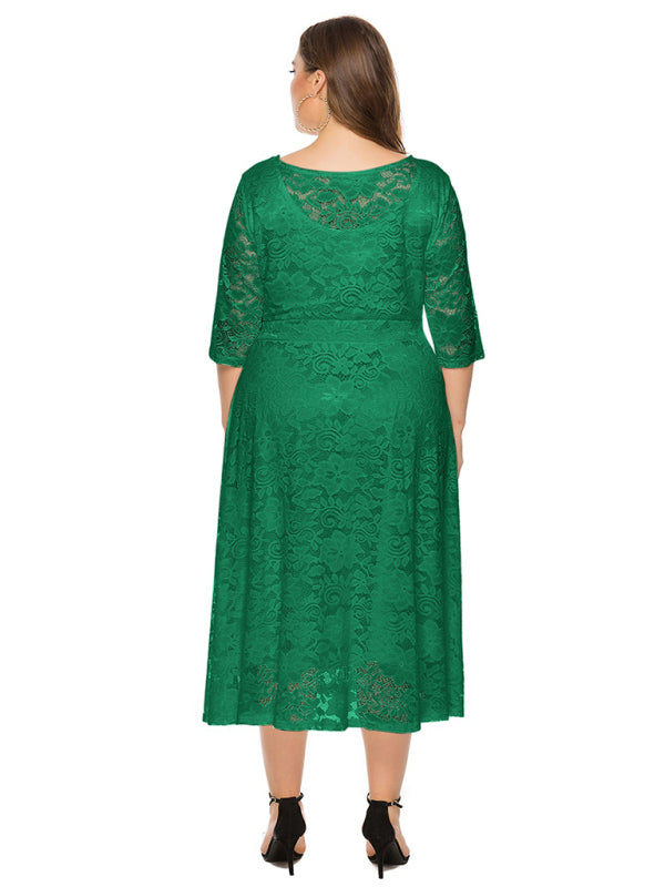 Elegant Lace Round Neck Midi Dress