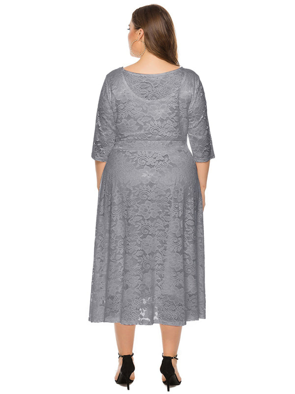 Elegant Lace Round Neck Midi Dress