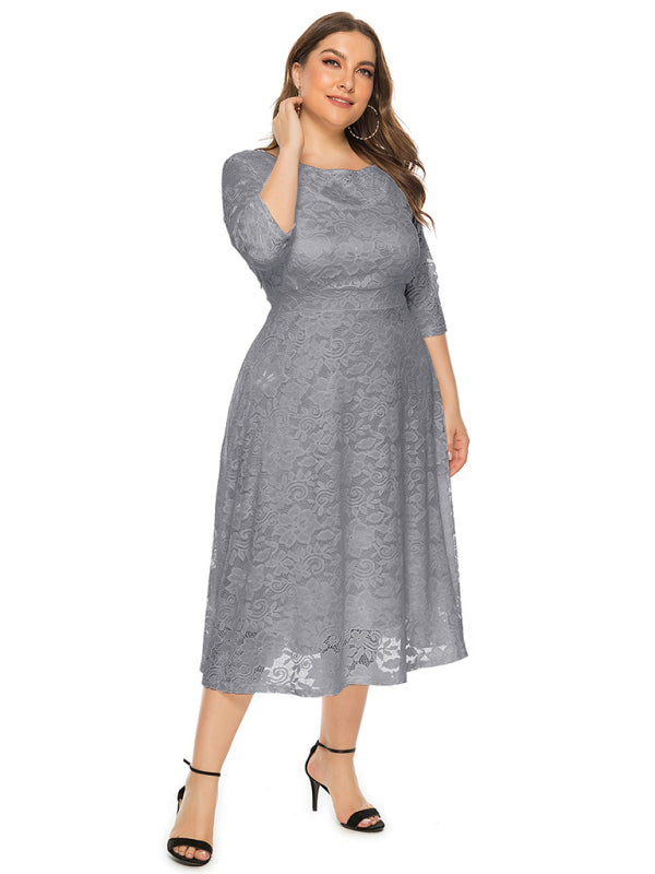 Elegant Lace Round Neck Midi Dress