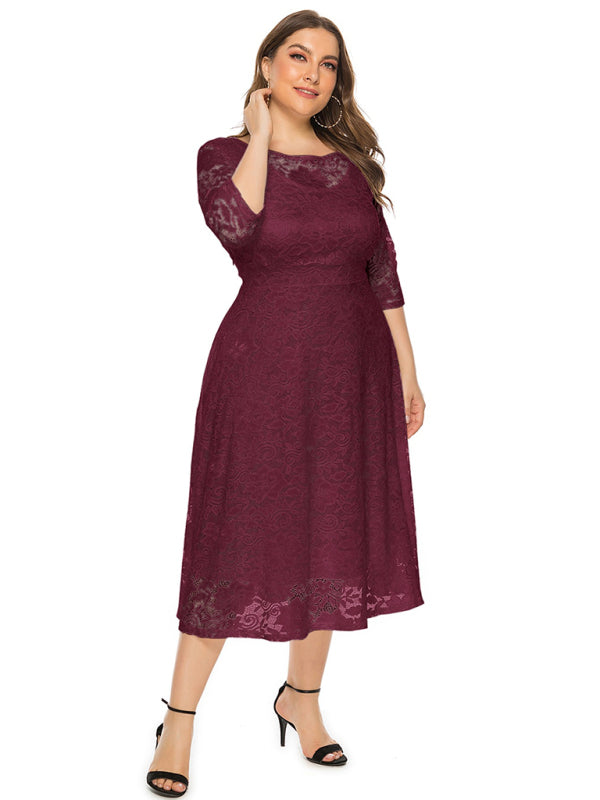 Elegant Lace Round Neck Midi Dress