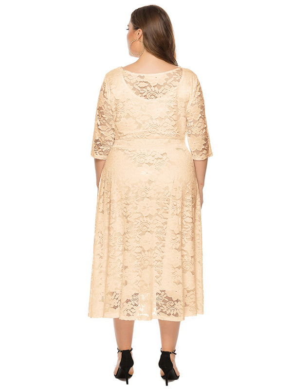 Elegant Lace Round Neck Midi Dress