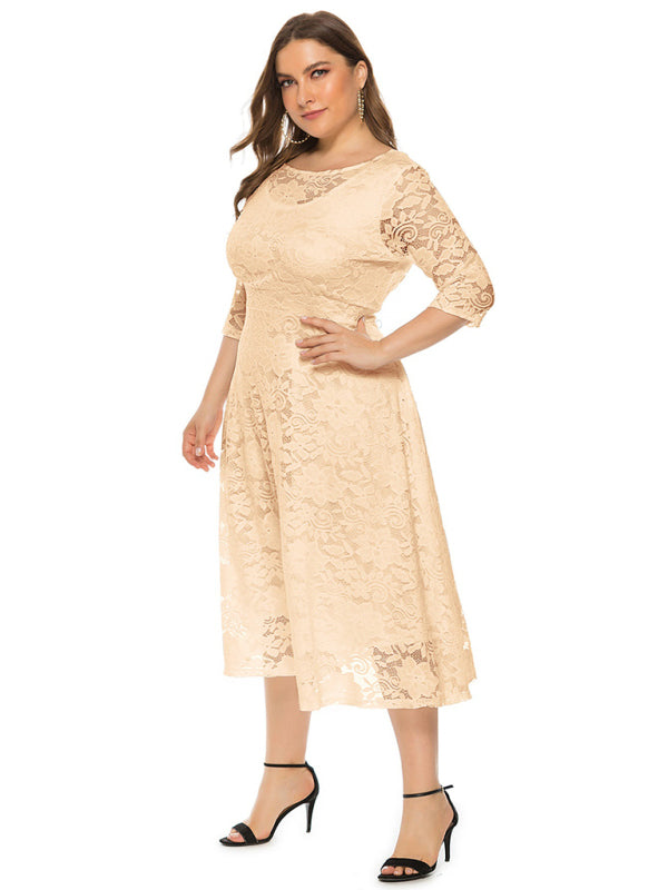 Elegant Lace Round Neck Midi Dress