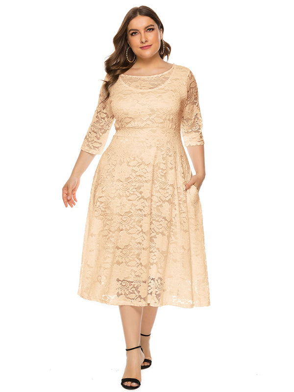 Elegant Lace Round Neck Midi Dress