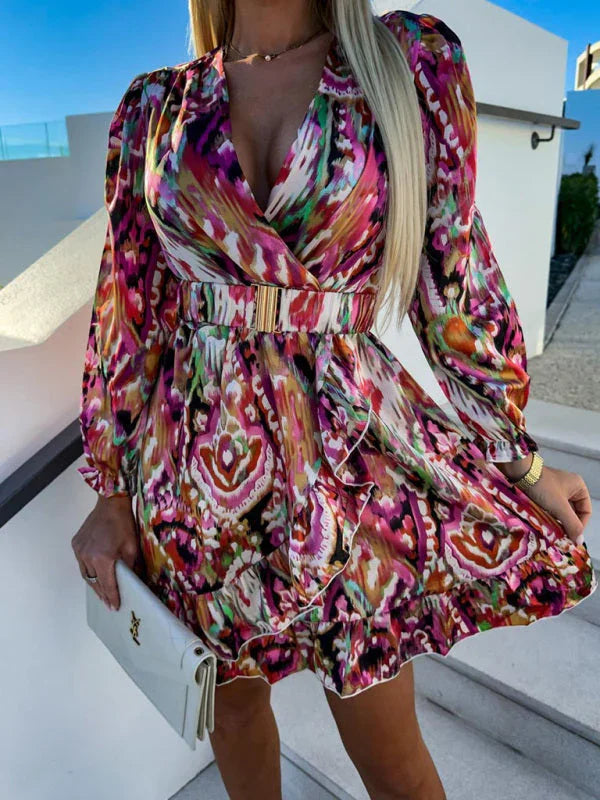 Elegant Multicolor Chiffon Wrap Mini Dress