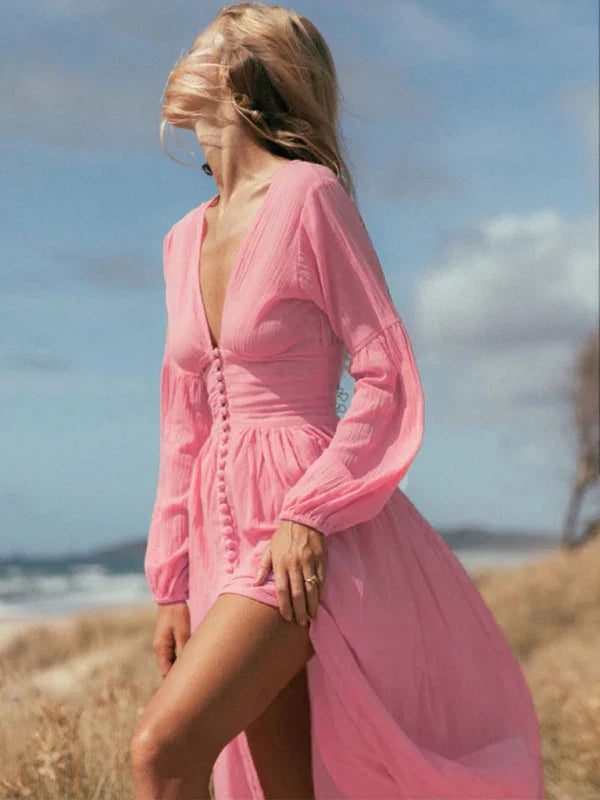 Elegant Pink Chiffon V-Neck Maxi Dress