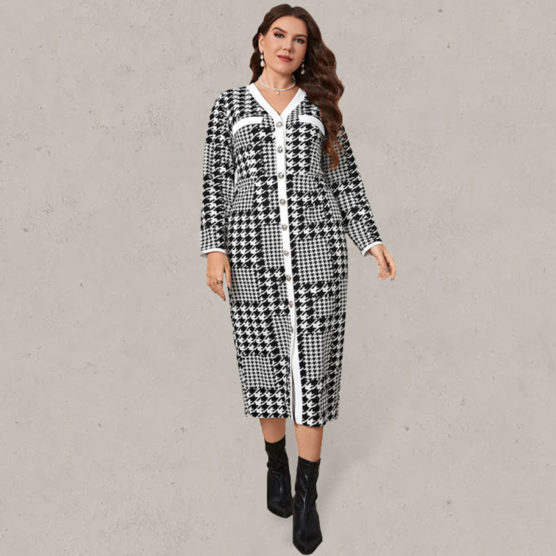 Elegant Plaid Knit Midi Dress