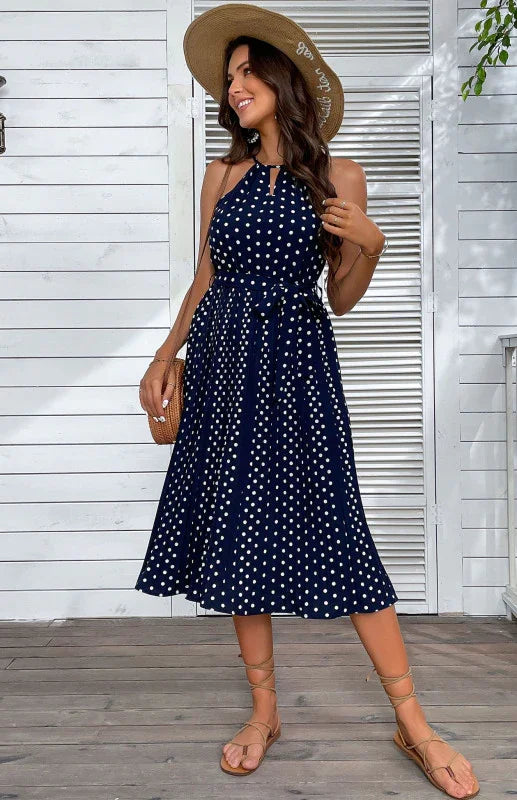 Elegant Polka Dot Halter Midi Dress