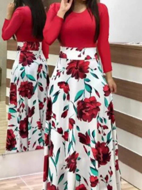 Elegant Red Floral A-Line Maxi Dress
