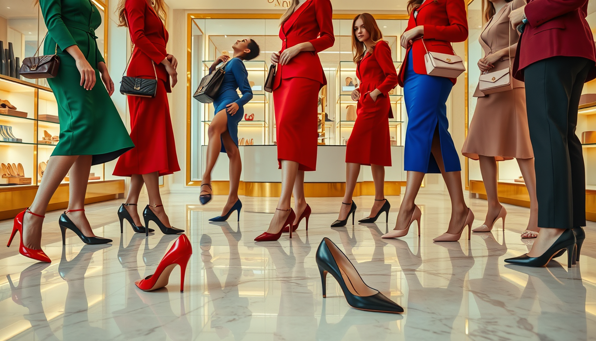 Row of women in green, red, yellow and blue tailored outfits wearing matching stiletto and block heel pumps in a sunlit marble hall fashion image