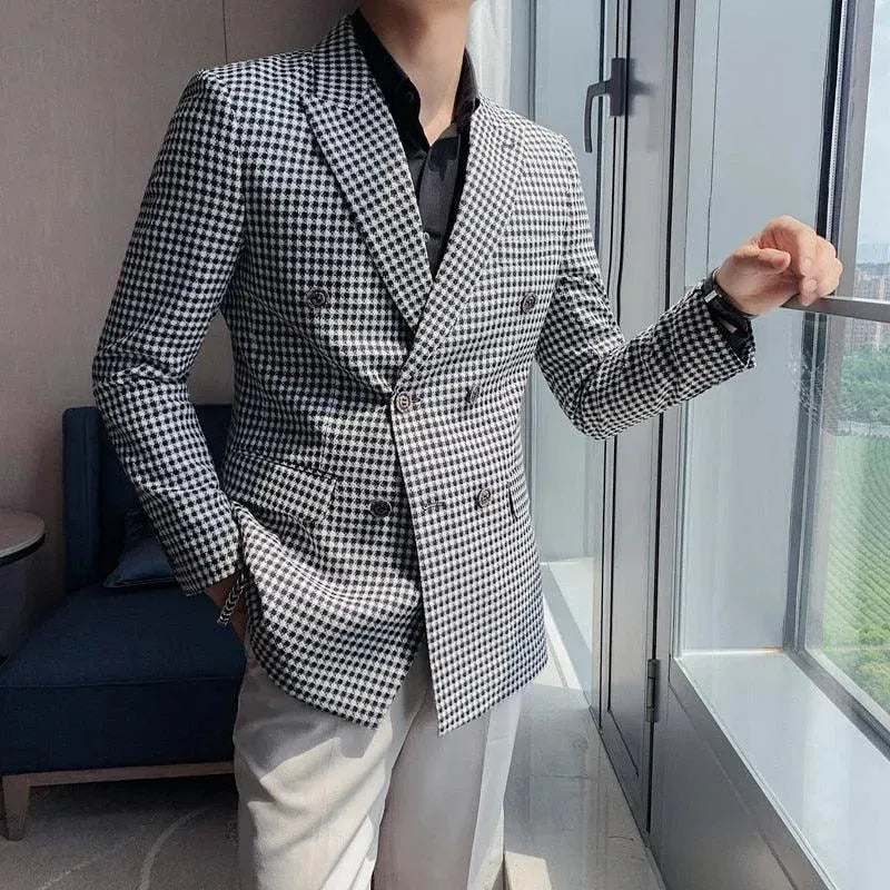 Men Blazer - Double-Breasted Houndstooth Blazer fashion image