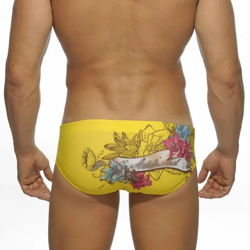 Men Yellow Floral Swim Briefs