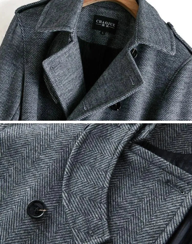 Men's Herringbone Trench Coat Structured Classic Style
