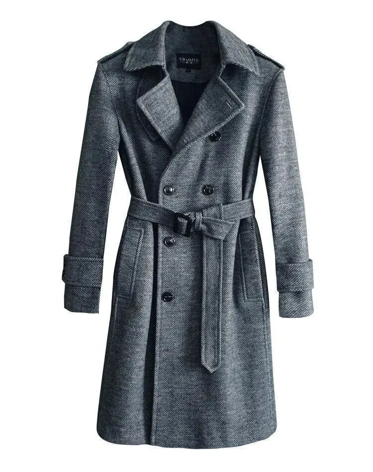Men's Herringbone Trench Coat Structured Classic Style