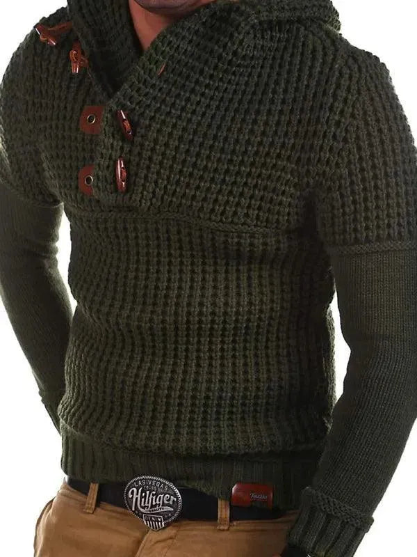 Men’s Hooded Ribbed Pullover Sweater – Horn Button