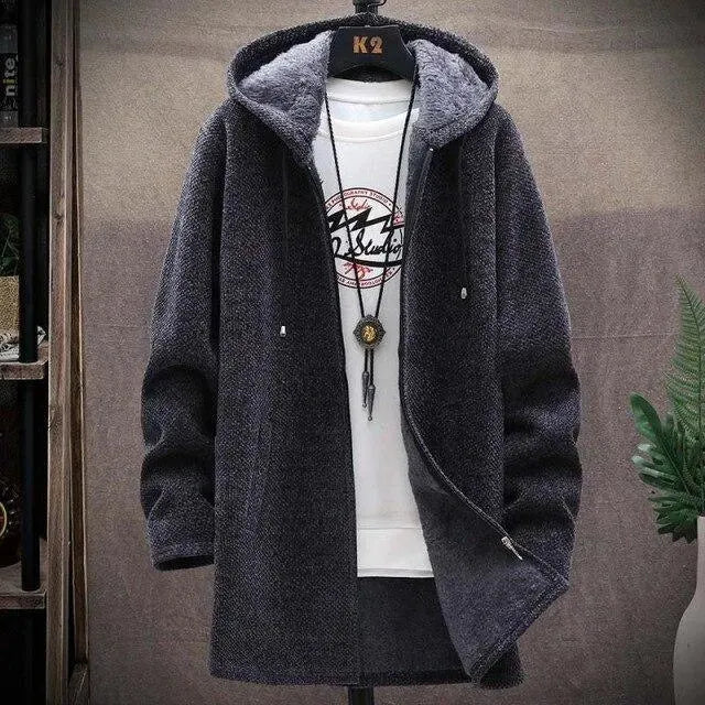 Men’s Long Hooded Cardigan Sweater – Winter Knit