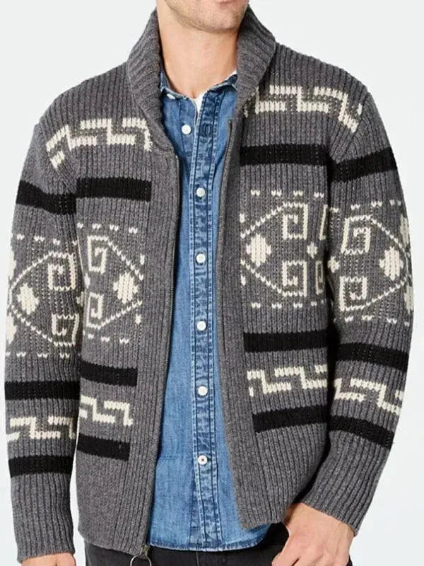Men’s Zip Jacquard Cardigan Sweater – V-Neck Style