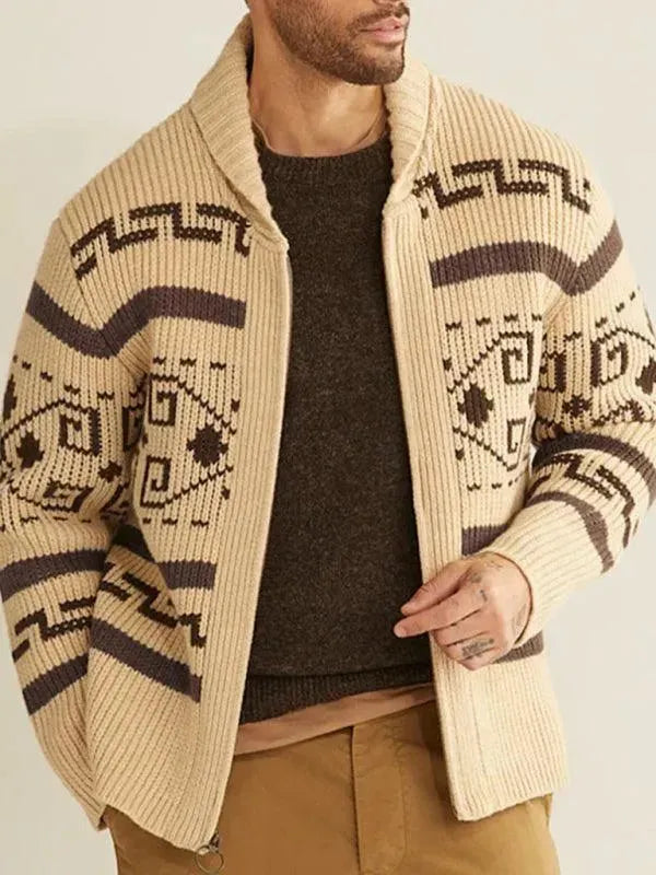 Men’s Zip Jacquard Cardigan Sweater – V-Neck Style