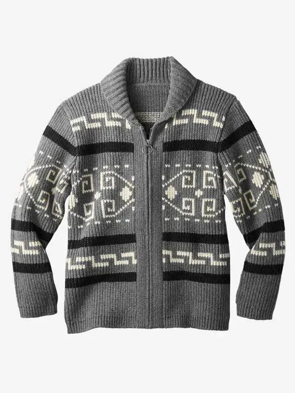 Men’s Zip Jacquard Cardigan Sweater – V-Neck Style