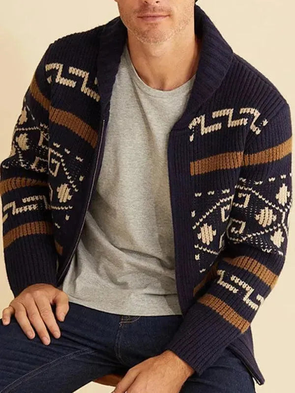 Men’s Zip Jacquard Cardigan Sweater – V-Neck Style