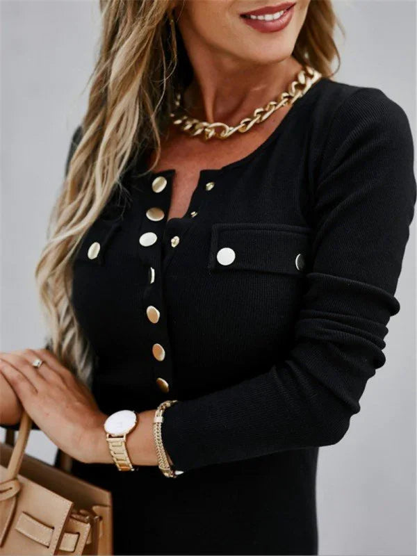 Minimalist Beige Button Midi Office Dress