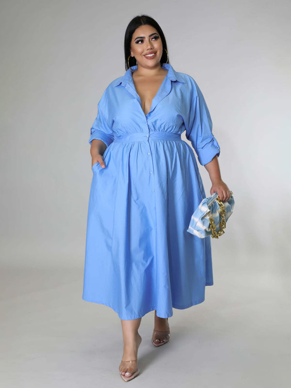 Relaxed Lapel Collar Midi Shirt Dress