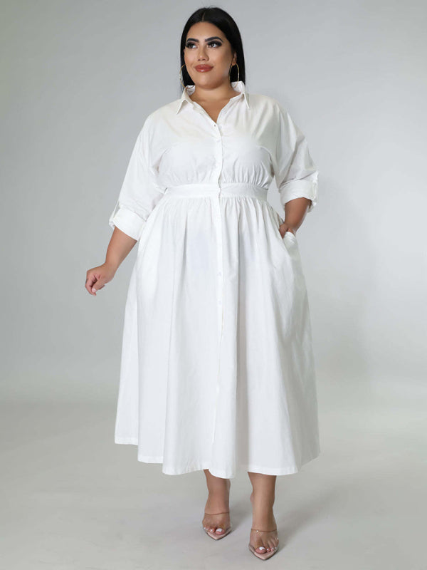 Relaxed Lapel Collar Midi Shirt Dress