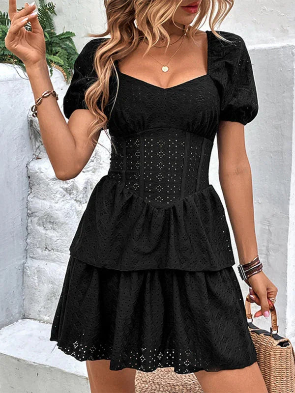 Romantic Black Embroidered Lace Mini Dress