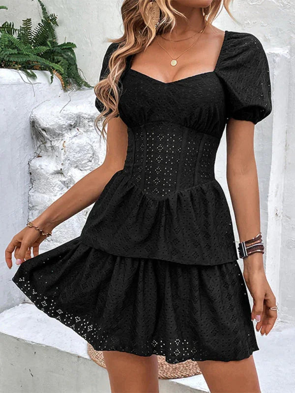 Romantic Black Embroidered Lace Mini Dress