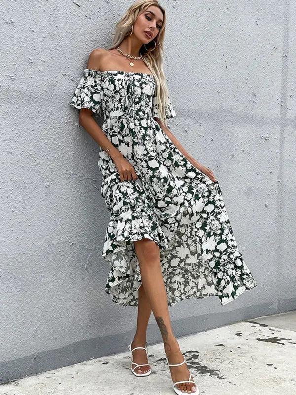 Romantic Black Floral Chiffon Midi Dress