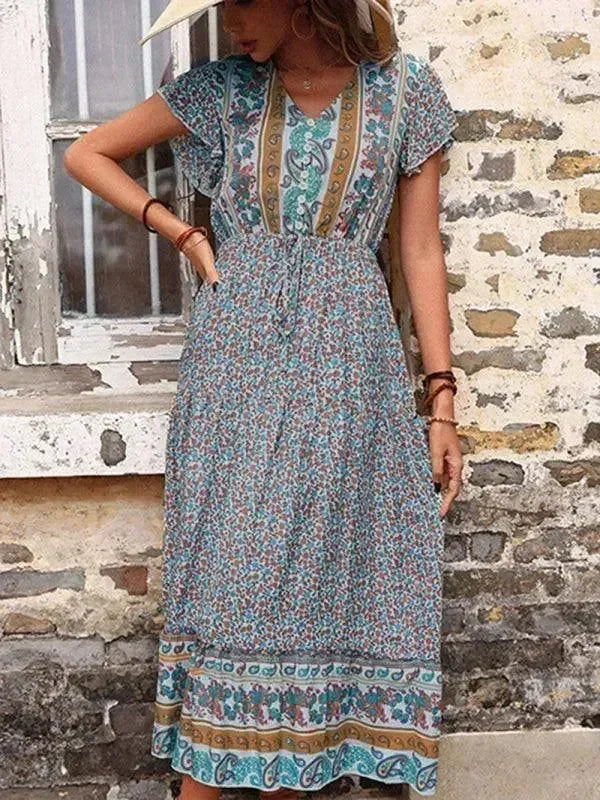 Romantic Blue Floral Chiffon Maxi Dress