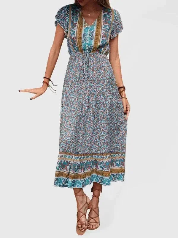 Romantic Blue Floral Chiffon Maxi Dress