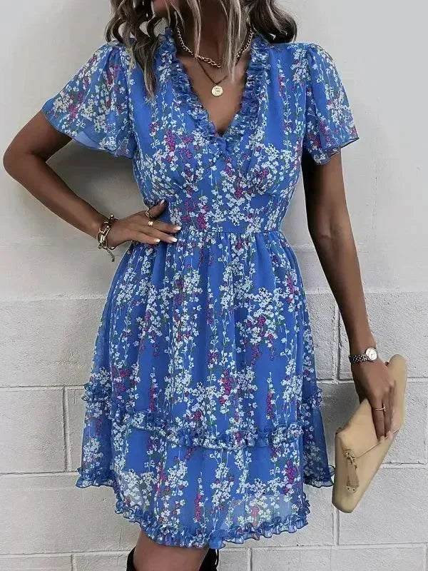 Romantic Blue Floral Cotton Mini Dress