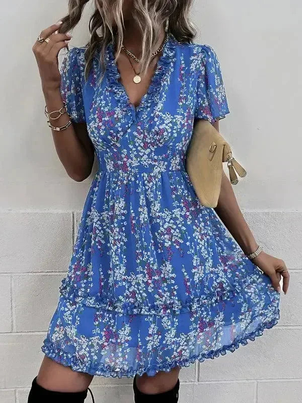 Romantic Blue Floral Cotton Mini Dress