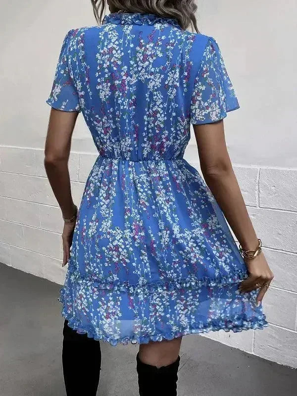 Romantic Blue Floral Cotton Mini Dress