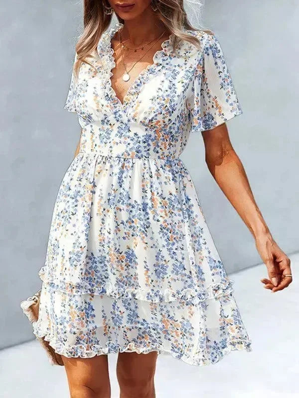 Romantic Blue Floral Cotton Mini Dress