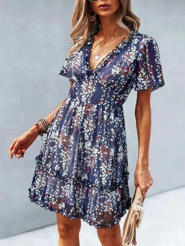 Romantic Blue Floral Cotton Mini Dress
