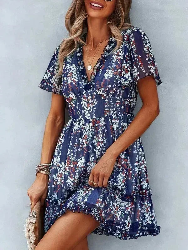 Romantic Blue Floral Cotton Mini Dress