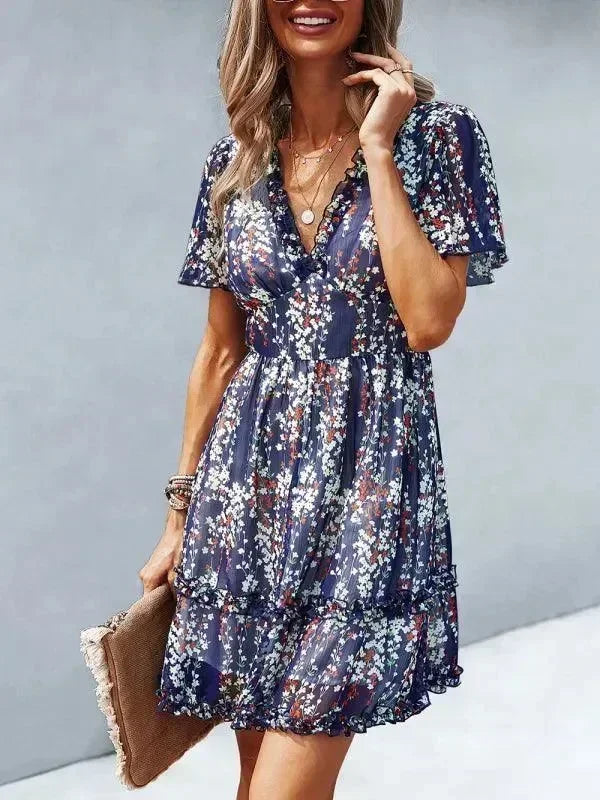 Romantic Blue Floral Cotton Mini Dress