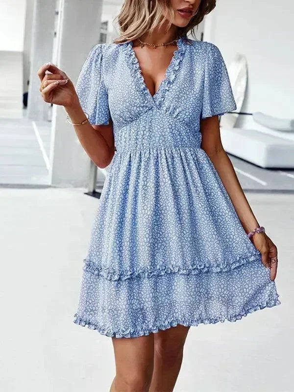 Romantic Blue Floral Cotton Mini Dress