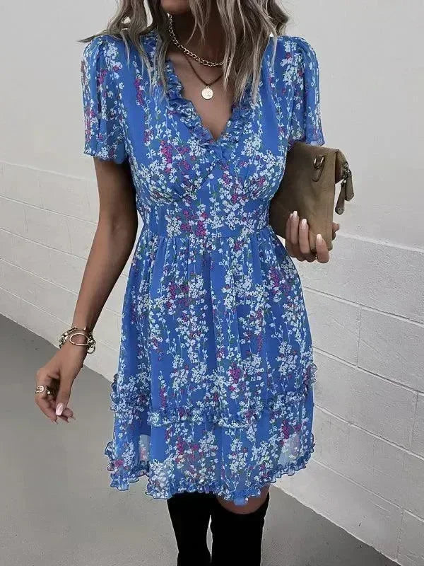 Romantic Blue Floral Cotton Mini Dress