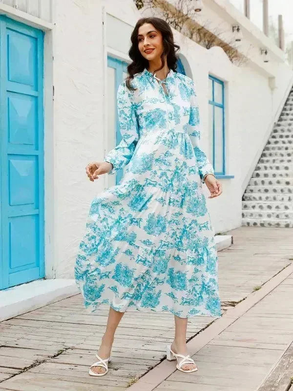 Romantic Blue Floral Tiered Maxi Dress