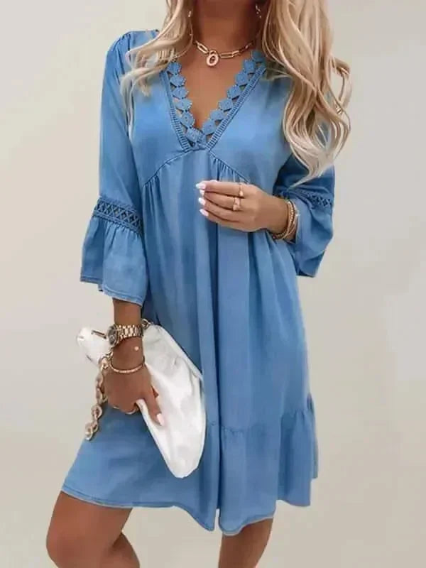 Romantic Blue Lace Cotton Mini Dress
