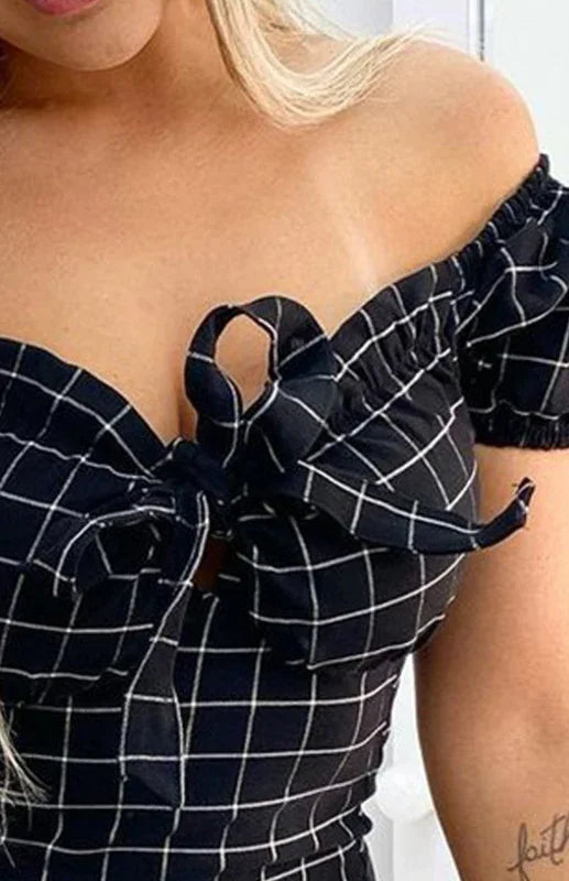 Romantic Checkered Off-Shoulder Mini Dress