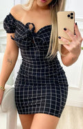 Romantic Checkered Off-Shoulder Mini Dress