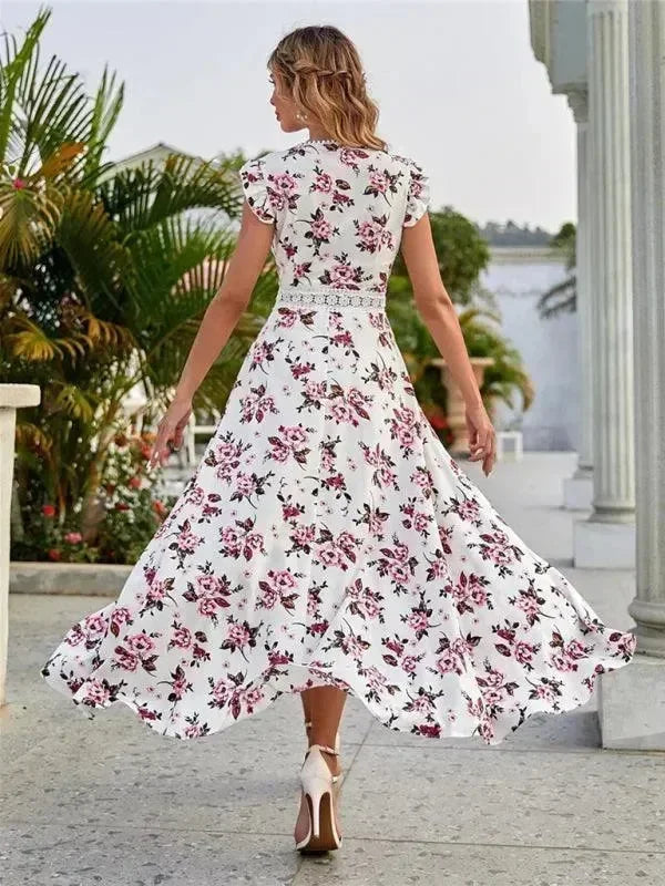 Romantic Floral Asymmetric Chiffon Maxi Dress